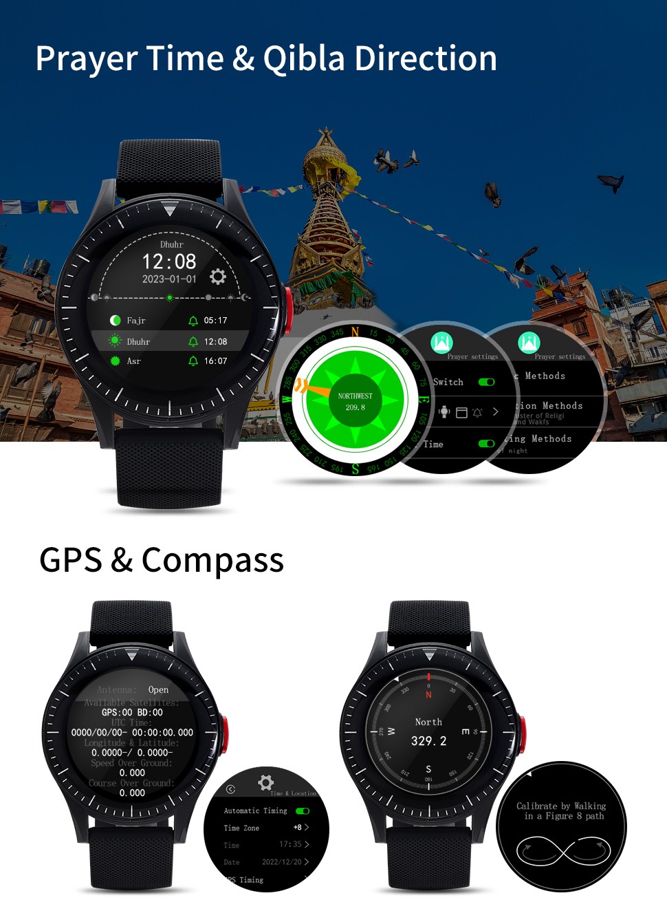 Prayer watch, Muslim, GPS watch, Compass watch, smart watch, SPO2 watch